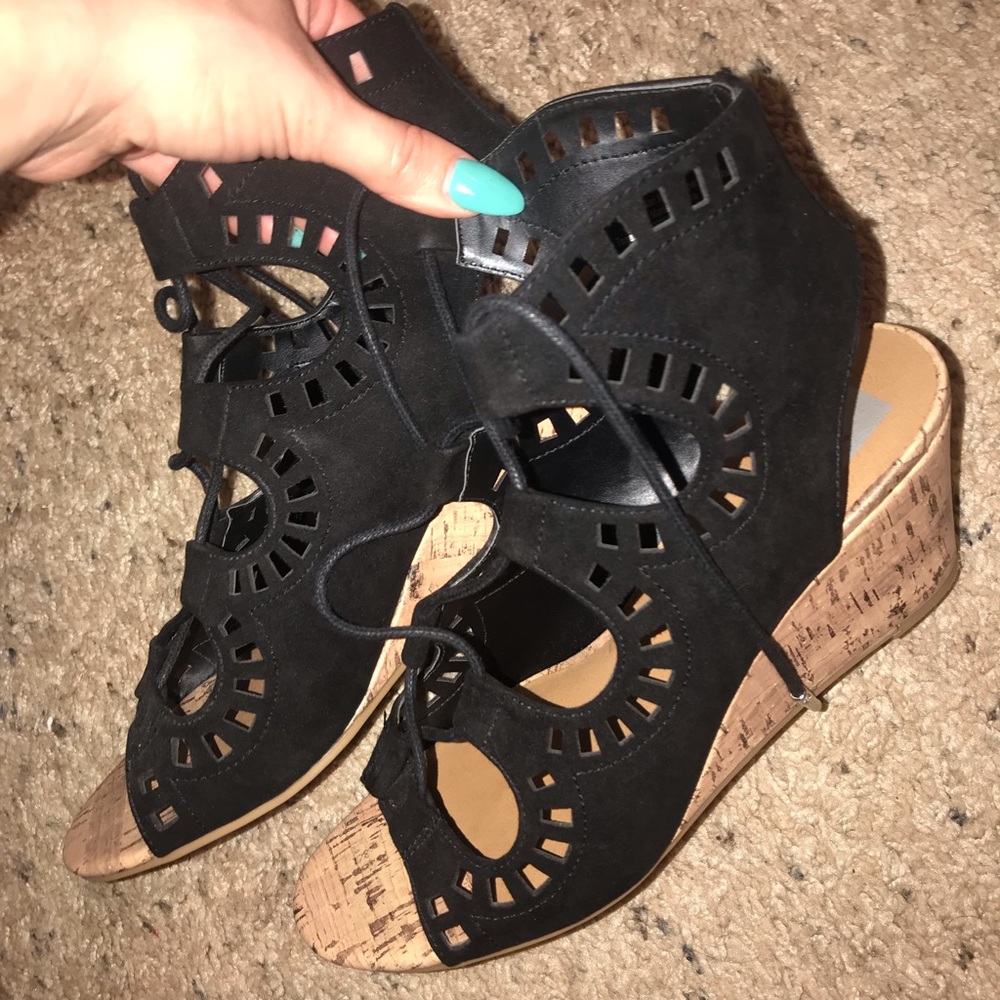 Cute black strappy lace wedges
